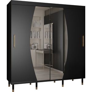 Zweefdeurkast met spiegel Kledingkast met 2 schuifdeuren Garderobekast slaapkamerkast Kledingstang met planken | elegante kledingkast, glamoureuze stijl (LxHxP): 200x208x62 cm - CAPS ELY (Zwart, 200 cm)