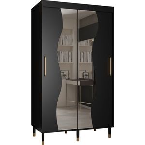 Zweefdeurkast met spiegel Kledingkast met 2 schuifdeuren Garderobekast slaapkamerkast Kledingstang met planken | elegante kledingkast, glamoureuze stijl (LxHxP): 120x208x62 cm - CAPS MAD (Zwart, 120 cm)