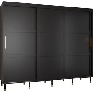 Zweefdeurkast Kledingkast met 3 schuifdeuren Garderobekast slaapkamerkast Kledingstang met planken | elegante kledingkast, glamoureuze stijl (LxHxP): 250x208x62 cm - CAPS R1 (Zwart, 250 cm)