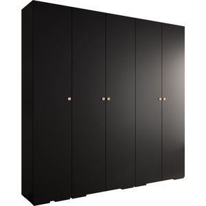 Opbergkast Kledingkast met 5 draaideuren Garderobekast slaapkamerkast Kledingstang met planken | Gouden Handgrepen, elegante kledingkast, glamoureuze stijl (LxHxP): 250x237x47 cm - IVONA 2 (Zwart, 250 cm)