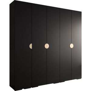 Opbergkast Kledingkast met 5 draaideuren Garderobekast slaapkamerkast Kledingstang met planken | Gouden Handgrepen, elegante kledingkast, glamoureuze stijl (LxHxP): 250x237x47 cm - IVONA 4 (Zwart, 250 cm)