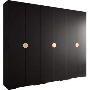 Opbergkast Kledingkast met 6 draaideuren Garderobekast slaapkamerkast Kledingstang met planken | Gouden Handgrepen, elegante kledingkast, glamoureuze stijl (LxHxP): 300x237x47 cm - IVONA 4 (Zwart, 300 cm)