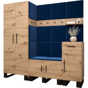 Garderobekast Ganggarderobe Compacte garderobe Vestibule Wandkast Plank Hal & Gang Kast Schoenenkast Gestoffeerde panelen en met een kussen - (BxHxD): 200x196x45,6 cm - ERNETST 1 - Artisan (Blauw (Manila 26))