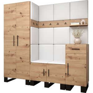 Garderobekast Ganggarderobe Compacte garderobe Vestibule Wandkast Plank Hal & Gang Kast Schoenenkast Gestoffeerde panelen en met een kussen - (BxHxD): 200x196x45,6 cm - ERNETST 1 - Artisan (Kunstleer in wit)