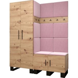 Garderobekast Ganggarderobe Compacte garderobe Vestibule Wandkast Plank Hal & Gang Kast Schoenenkast Gestoffeerde panelen en met een kussen - (BxHxD): 158x196x45,6 cm - ERNETST 2 - Artisan (Roze (Manilla 09))