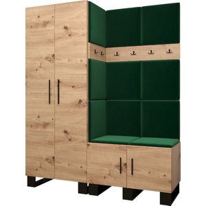 Garderobekast Ganggarderobe Compacte garderobe Vestibule Wandkast Plank Hal & Gang Kast Schoenenkast Gestoffeerde panelen en met een kussen - (BxHxD): 158x196x45,6 cm - ERNETST 2 - Artisan (Groen (Manilla 35))