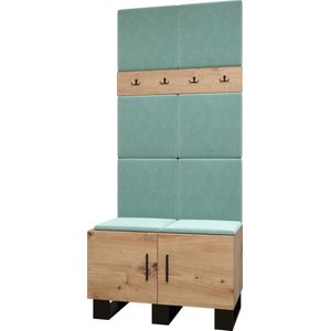 Garderobekast Ganggarderobe Compacte garderobe Vestibule Wandkast Plank Hal & Gang Kast Schoenenkast Gestoffeerde panelen en met een kussen - (BxHxD): 84x196x45,6 cm - ERNETST 4 - Artisan (Mint (Manila 11))