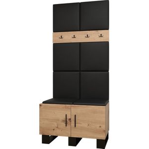 Garderobekast Ganggarderobe Compacte garderobe Vestibule Wandkast Plank Hal & Gang Kast Schoenenkast Gestoffeerde panelen en met een kussen - (BxHxD): 84x196x45,6 cm - ERNETST 4 - Artisan (Zwart kunstleer)