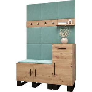 Garderobekast Ganggarderobe Compacte garderobe Vestibule Wandkast Plank Hal & Gang Kast Schoenenkast Gestoffeerde panelen en met een kussen - (BxHxD): 126x196x45,6 cm - ERNETST 5 - Artisan (Mint (Manila 11))