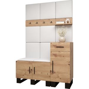 Garderobekast Ganggarderobe Compacte garderobe Vestibule Wandkast Plank Hal & Gang Kast Schoenenkast Gestoffeerde panelen en met een kussen - (BxHxD): 126x196x45,6 cm - ERNETST 5 - Artisan (Kunstleer in wit)