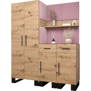 Garderobekast Ganggarderobe Compacte garderobe Vestibule Wandkast Plank Hal & Gang Kast Schoenenkast Gestoffeerde panelen en met een kussen - (BxHxD): 158x196x45,6 cm - ERNETST 7 - Artisan (Roze (Manilla 09))