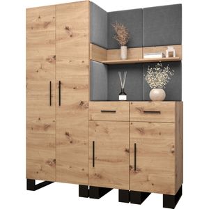 Garderobekast Ganggarderobe Compacte garderobe Vestibule Wandkast Plank Hal & Gang Kast Schoenenkast Gestoffeerde panelen en met een kussen - (BxHxD): 158x196x45,6 cm - ERNETST 7 - Artisan (Grijs (Manila 16))