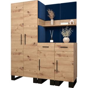 Garderobekast Ganggarderobe Compacte garderobe Vestibule Wandkast Plank Hal & Gang Kast Schoenenkast Gestoffeerde panelen en met een kussen - (BxHxD): 158x196x45,6 cm - ERNETST 7 - Artisan (Blauw (Manila 26))