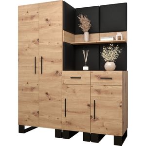 Garderobekast Ganggarderobe Compacte garderobe Vestibule Wandkast Plank Hal & Gang Kast Schoenenkast Gestoffeerde panelen en met een kussen - (BxHxD): 158x196x45,6 cm - ERNETST 7 - Artisan (Zwart kunstleer)