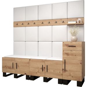 Garderobekast Ganggarderobe Compacte garderobe Vestibule Wandkast Plank Hal & Gang Kast Schoenenkast Gestoffeerde panelen en met een kussen - (BxHxD): 210x196x45,6 cm - ERNETST 8 - Artisan (Kunstleer in wit)