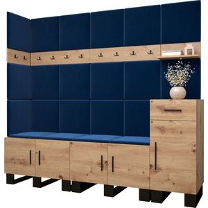 Garderobekast Ganggarderobe Compacte garderobe Vestibule Wandkast Plank Hal & Gang Kast Schoenenkast Gestoffeerde panelen en met een kussen - (BxHxD): 210x196x45,6 cm - ERNETST 9 - Artisan (Blauw (Manila 26))