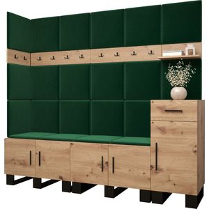 Garderobekast Ganggarderobe Compacte garderobe Vestibule Wandkast Plank Hal & Gang Kast Schoenenkast Gestoffeerde panelen en met een kussen - (BxHxD): 210x196x45,6 cm - ERNETST 9 - Artisan (Groen (Manilla 35))