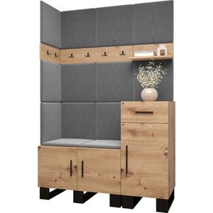 Garderobekast Ganggarderobe Compacte garderobe Vestibule Wandkast Plank Hal & Gang Kast Schoenenkast Gestoffeerde panelen en met een kussen - (BxHxD): 126x196x45,6 cm - ERNETST 10 - Artisan (Grijs (Manila 16))