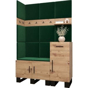 Garderobekast Ganggarderobe Compacte garderobe Vestibule Wandkast Plank Hal & Gang Kast Schoenenkast Gestoffeerde panelen en met een kussen - (BxHxD): 126x196x45,6 cm - ERNETST 10 - Artisan (Groen (Manilla 35))