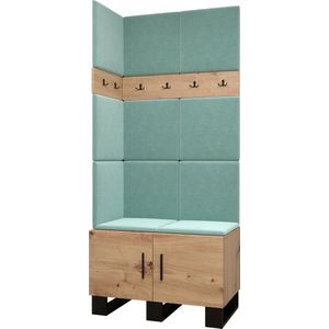 Garderobekast Ganggarderobe Compacte garderobe Vestibule Wandkast Plank Hal & Gang Kast Schoenenkast Gestoffeerde panelen en met een kussen - (BxHxD): 84x196x45,6 cm - ERNETST 11 - Artisan (Mint (Manila 11))