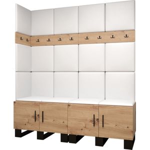 Garderobekast Ganggarderobe Compacte garderobe Vestibule Wandkast Plank Hal & Gang Kast Schoenenkast Gestoffeerde panelen en met een kussen - (BxHxD): 168x196x45,6 cm - ERNETST 12 - Artisan (Kunstleer in wit)