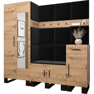 Garderobekast met spiegel Ganggarderobe Compacte garderobe Vestibule Wandkast Plank Hal & Gang Kast Schoenenkast Gestoffeerde panelen en met een kussen - (BxHxD): 200x196x45,6 cm - ERNETST 13 - Artisan (Zwart (Manila 18))