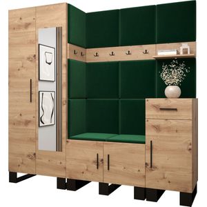 Garderobekast met spiegel Ganggarderobe Compacte garderobe Vestibule Wandkast Plank Hal & Gang Kast Schoenenkast Gestoffeerde panelen en met een kussen - (BxHxD): 200x196x45,6 cm - ERNETST 13 - Artisan (Groen (Manilla 35))