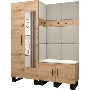 Garderobekast met spiegel Ganggarderobe Compacte garderobe Vestibule Wandkast Plank Hal & Gang Kast Schoenenkast Gestoffeerde panelen en met een kussen - (BxHxD): 158x196x45,6 cm - ERNETST 14 - Artisan (Cr�ème (Manilla 02))