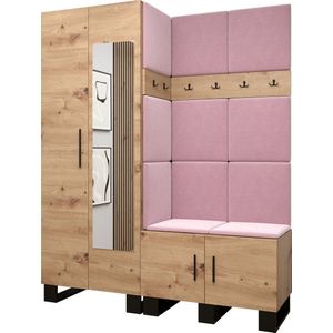 Garderobekast met spiegel Ganggarderobe Compacte garderobe Vestibule Wandkast Plank Hal & Gang Kast Schoenenkast Gestoffeerde panelen en met een kussen - (BxHxD): 158x196x45,6 cm - ERNETST 14 - Artisan (Roze (Manilla 09))