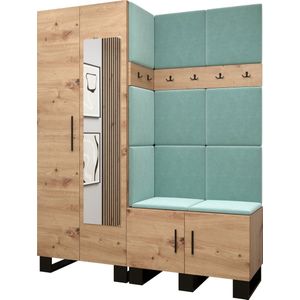 Garderobekast met spiegel Ganggarderobe Compacte garderobe Vestibule Wandkast Plank Hal & Gang Kast Schoenenkast Gestoffeerde panelen en met een kussen - (BxHxD): 158x196x45,6 cm - ERNETST 14 - Artisan (Mint (Manila 11))