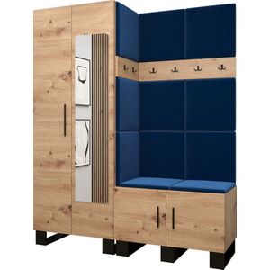 Garderobekast met spiegel Ganggarderobe Compacte garderobe Vestibule Wandkast Plank Hal & Gang Kast Schoenenkast Gestoffeerde panelen en met een kussen - (BxHxD): 158x196x45,6 cm - ERNETST 14 - Artisan (Blauw (Manila 26))