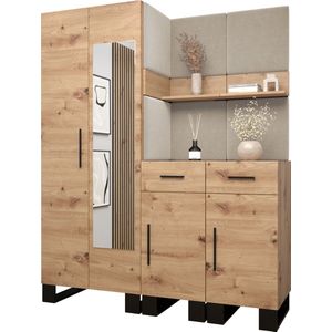 Garderobekast met spiegel Ganggarderobe Compacte garderobe Vestibule Wandkast Plank Hal & Gang Kast Schoenenkast Gestoffeerde panelen en met een kussen - (BxHxD): 158x196x45,6 cm - ERNETST 15 - Artisan (Crème (Manilla 02))