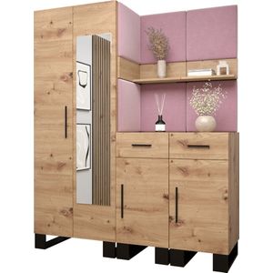 Garderobekast met spiegel Ganggarderobe Compacte garderobe Vestibule Wandkast Plank Hal & Gang Kast Schoenenkast Gestoffeerde panelen en met een kussen - (BxHxD): 158x196x45,6 cm - ERNETST 15 - Artisan (Roze (Manilla 09))