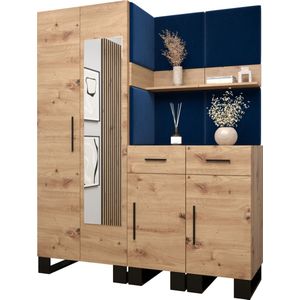 Garderobekast met spiegel Ganggarderobe Compacte garderobe Vestibule Wandkast Plank Hal & Gang Kast Schoenenkast Gestoffeerde panelen en met een kussen - (BxHxD): 158x196x45,6 cm - ERNETST 15 - Artisan (Blauw (Manila 26))