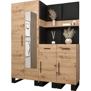 Garderobekast met spiegel Ganggarderobe Compacte garderobe Vestibule Wandkast Plank Hal & Gang Kast Schoenenkast Gestoffeerde panelen en met een kussen - (BxHxD): 158x196x45,6 cm - ERNETST 15 - Artisan (Zwart kunstleer)