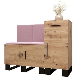 Garderobekast Ganggarderobe Compacte garderobe Vestibule Wandkast Plank Hal & Gang Kast Schoenenkast Gestoffeerde panelen en met een kussen - (BxHxD): 126x95x45,6 cm - ERNETST 18 - Artisan (Roze (Manilla 09))