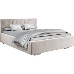 Tweepersoonsbed met fluwelen bekleding, met hoofdeinde, lattenbodem, bed voor volwassenen - BETT 02 - 160x200 - Licht beige (TRINITY 1)