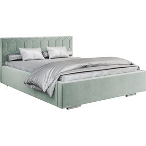 Tweepersoonsbed met fluwelen bekleding, met hoofdeinde, lattenbodem, bed voor volwassenen - BETT 02 - 160x200 - Mintgroen (TRINITY 21)