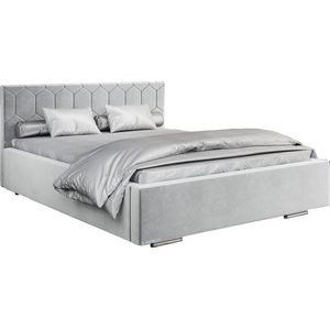 Tweepersoonsbed met fluwelen bekleding, met hoofdeinde, lattenbodem, bed voor volwassenen - BETT 02 - 160x200 - Zilver (TRINITY 32)