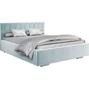 Tweepersoonsbed met fluwelen bekleding, met hoofdeinde, lattenbodem, bed voor volwassenen - BETT 02 - 140x200 - Lichtblauw (TRINITY 22)