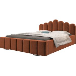Tweepersoonsbed met fluwelen bekleding, met hoofdeinde, lattenbodem, bed voor volwassenen - BETT 03 - 160x200 - Donker oranje (TRINITY 25)