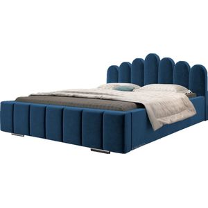 Tweepersoonsbed met fluwelen bekleding, met hoofdeinde, lattenbodem, bed voor volwassenen - BETT 03 - 160x200 - Donkerblauw (TRINITY 31)
