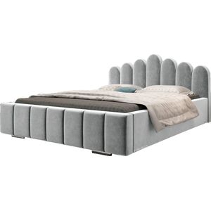 Tweepersoonsbed met fluwelen bekleding, met hoofdeinde, lattenbodem, bed voor volwassenen - BETT 03 - 180x200 - Zilver (TRINITY 32)