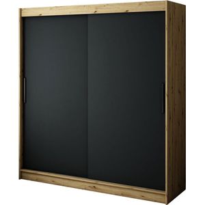 InspireMe - Kledingkast met 2 schuifdeuren, Modern-stijl, Een kledingkast met planken (BxHxD): 200x200x62 - JARED T 200 Artisan Eik + Zwart Mat met 4 lades