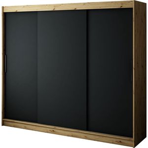 InspireMe - Kledingkast met 3 schuifdeuren, Modern-stijl, Een kledingkast met planken (BxHxD): 250x200x62 - JARED T 250 Artisan Eik + Zwart Mat met 4 lades