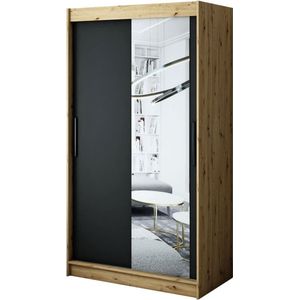 InspireMe - Kledingkast met 2 schuifdeuren, Modern-stijl, Een kledingkast met planken en een spiegel (BxHxD): 120x200x62 - JARED T2 120 Artisan Eik + Zwart Mat