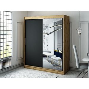 InspireMe - Kledingkast met 2 schuifdeuren, Modern-stijl, Een kledingkast met planken en een spiegel (BxHxD): 180x200x62 - JARED T2 180 Artisan Eik + Zwart Mat met 4 lades