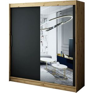 InspireMe - Kledingkast met 2 schuifdeuren, Modern-stijl, Een kledingkast met planken en een spiegel (BxHxD): 200x200x62 - JARED T2 200 Artisan Eik + Zwart Mat
