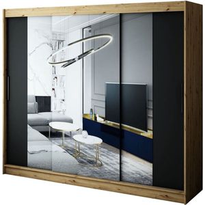 InspireMe - Kledingkast met 3 schuifdeuren, Modern-stijl, Een kledingkast met planken en een spiegel (BxHxD): 250x200x62 - JARED T2 250 Artisan Eik + Zwart Mat