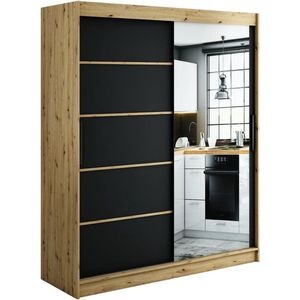 InspireMe - Kledingkast met 2 schuifdeuren, Modern-stijl, Een kledingkast met planken en een spiegel (BxHxD): 180x200x62 - JARED V2 180 Artisan Eik + Zwart Mat met 4 lades